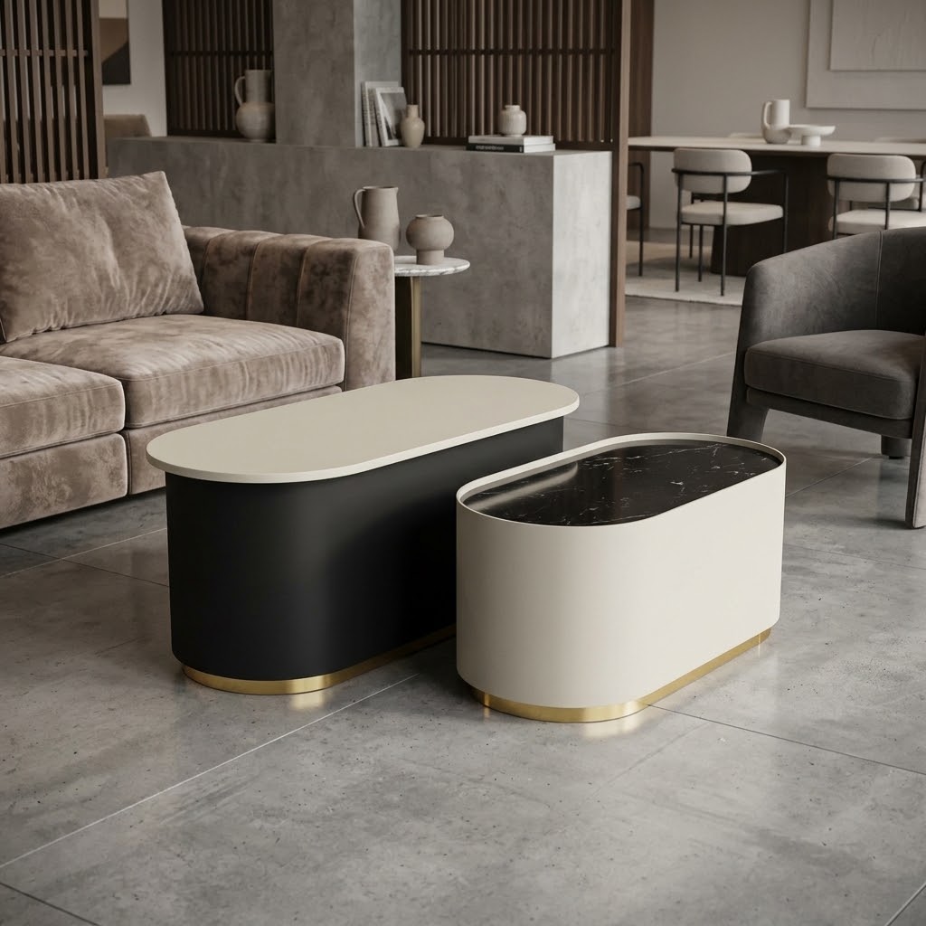 CALYPSO Oval Nesting Coffee Table Set of 2 (110×50cm & 85.5×42.5cm | Black Laminated Tops & Two-Tone Steel Base)