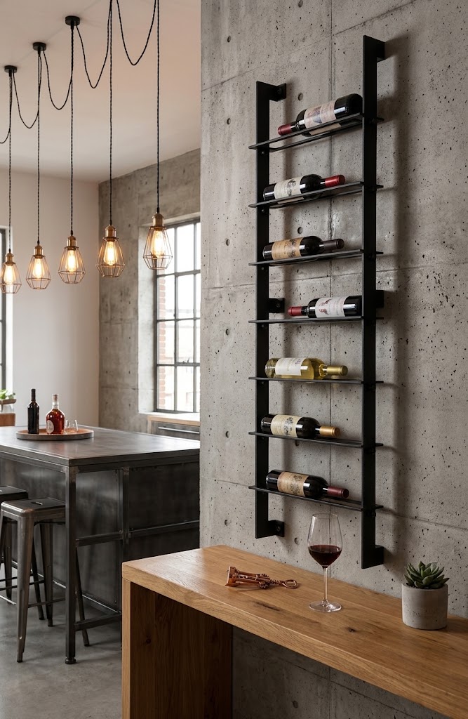 SOMMELIER Wall-Mounted 7-Bottle Steel Wine Rack (125×20×56.4cm | Horizontal Bottle Storage | Matte Black Powder-Coated)