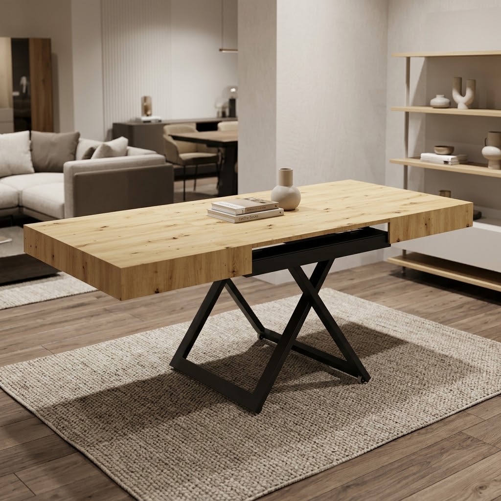 SANNA Height-Adjustable Extendable Coffee-to-Dining Table (120–200cm | 27–80cm Elevation | Premium EGGER® Laminates)