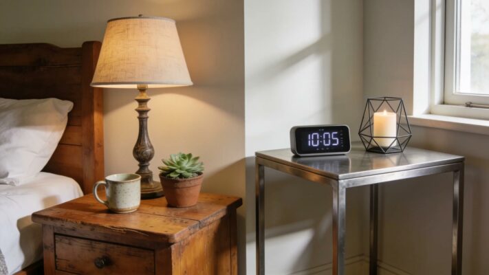 Wooden and metal bedside tables in a cozy Irish bedroom showcasing unique styles and decor elements