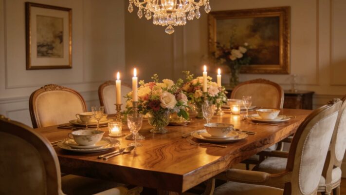 Handcrafted luxury dining table set with elegant chairs in a warmly lit dining room