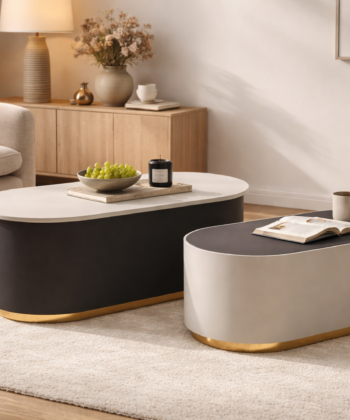 CALYPSO Oval Nesting Coffee Table Set of 2 (110×50cm & 85.5×42.5cm | Black Laminated Tops & Two-Tone Steel Base)