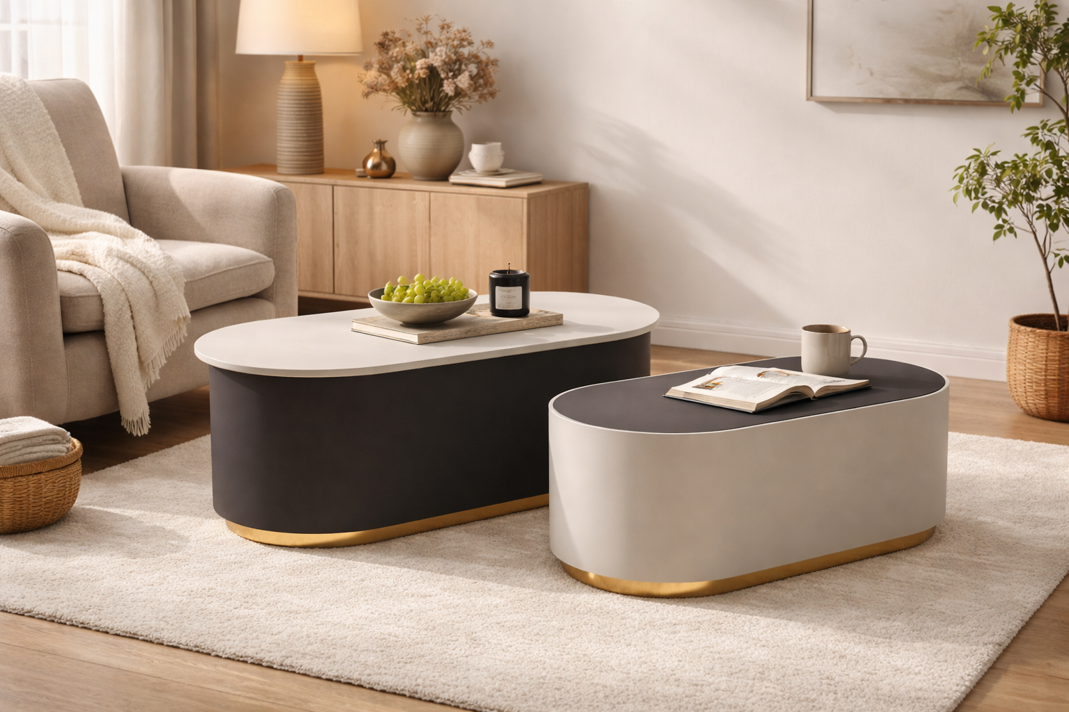 CALYPSO Oval Nesting Coffee Table Set of 2 (110×50cm & 85.5×42.5cm | Black Laminated Tops & Two-Tone Steel Base)