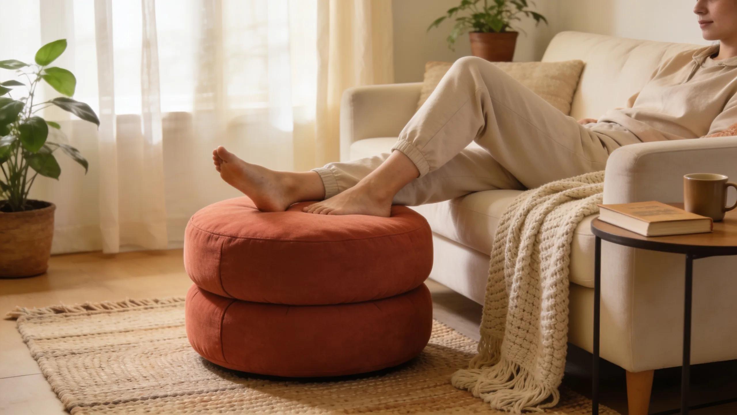 Person using a handcrafted pouffe as a footrest, demonstrating ergonomic benefits and comfort in a cozy living room