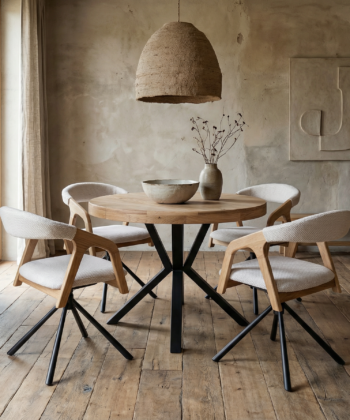 SOLARIS Round Extendable Dining Table (Ø90cm to Ø120cm | Natural Oak Veneer & Black Metal Base)
