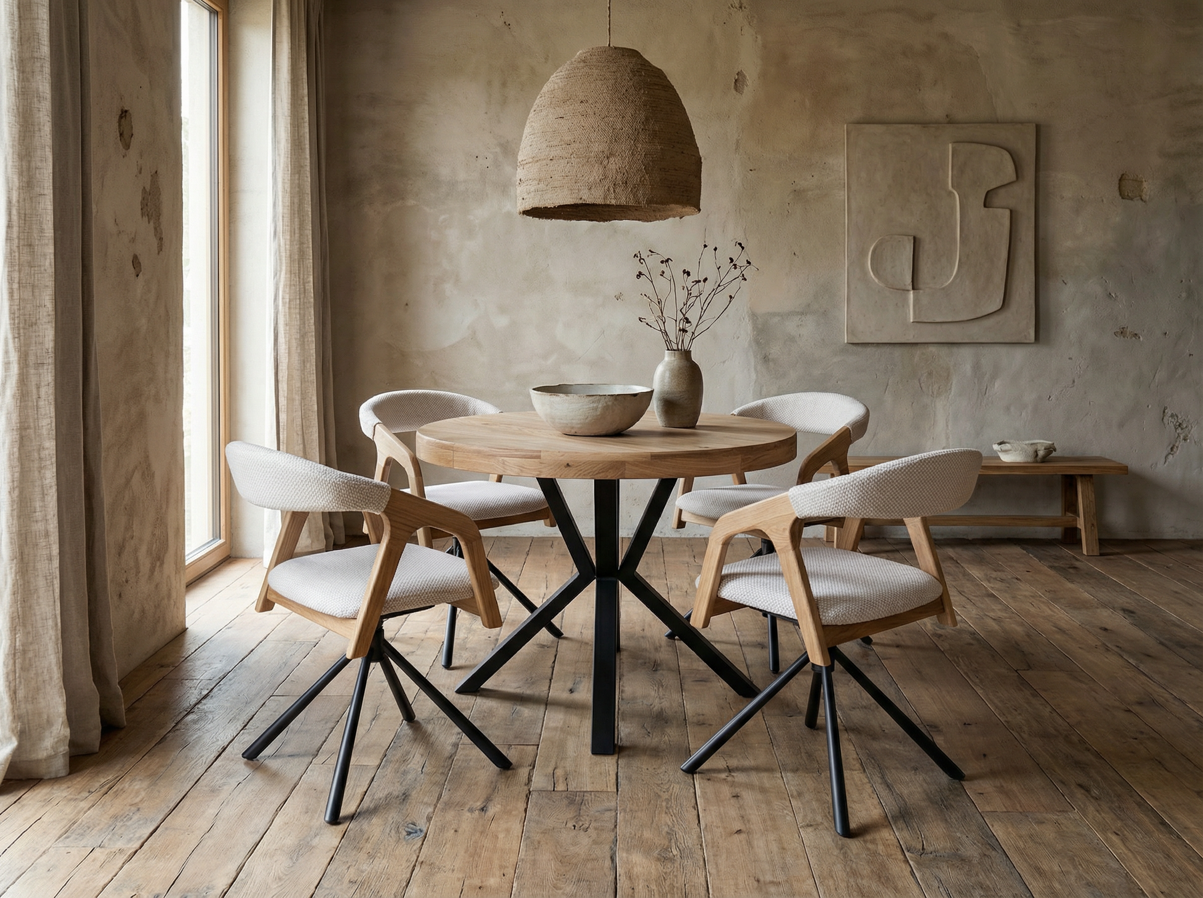 SOLARIS Round Extendable Dining Table (Ø90cm to Ø120cm | Natural Oak Veneer & Black Metal Base)