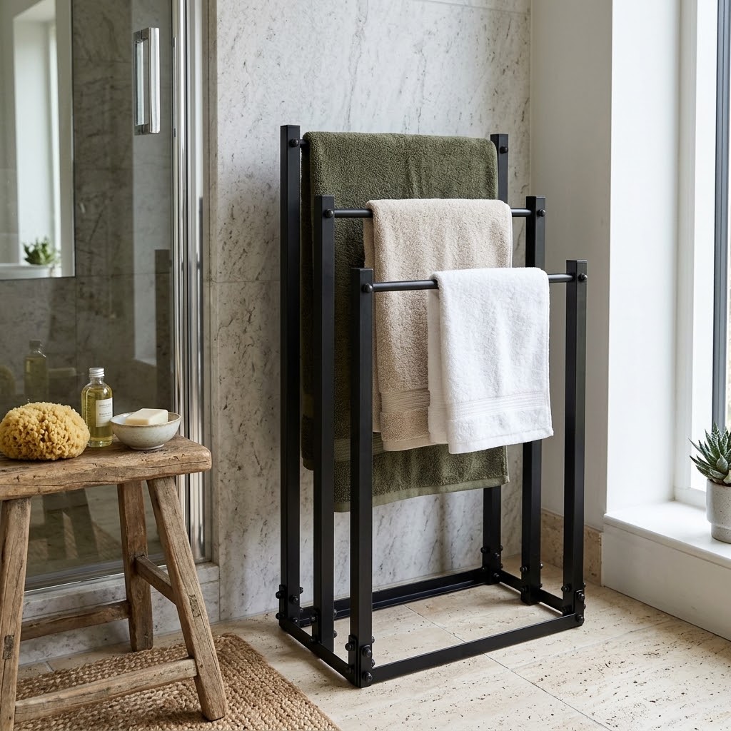TIVOLI Freestanding 3-Tier Towel & Clothes Rack (45×25×89cm | Matte Black Textured Steel | Loft Bathroom Stand)