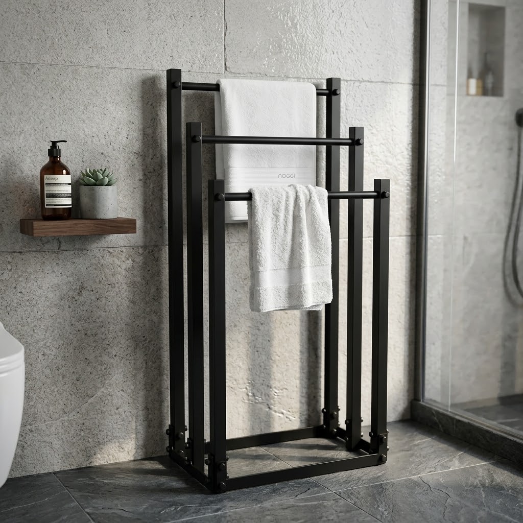 TIVOLI Freestanding 3-Tier Towel & Clothes Rack (45×25×89cm | Matte Black Textured Steel | Loft Bathroom Stand)