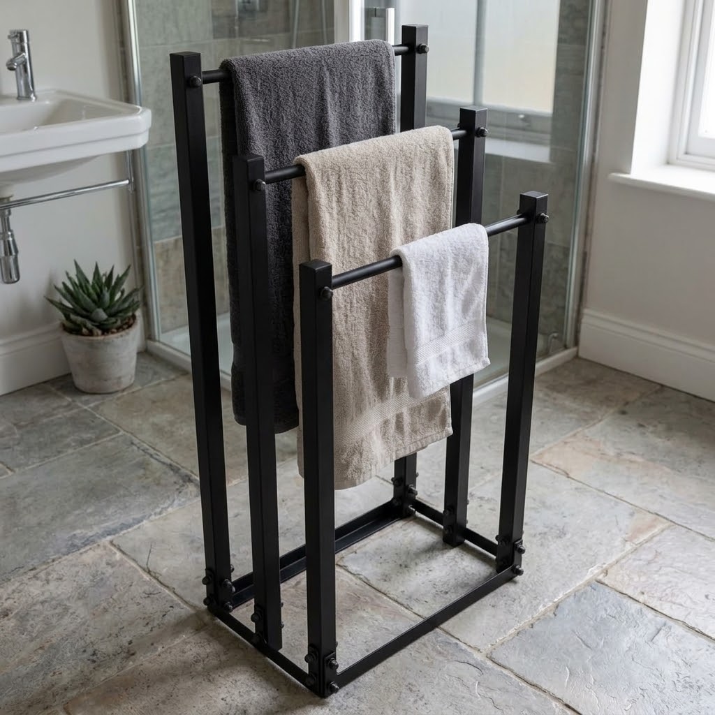 TIVOLI Freestanding 3-Tier Towel & Clothes Rack (45×25×89cm | Matte Black Textured Steel | Loft Bathroom Stand)