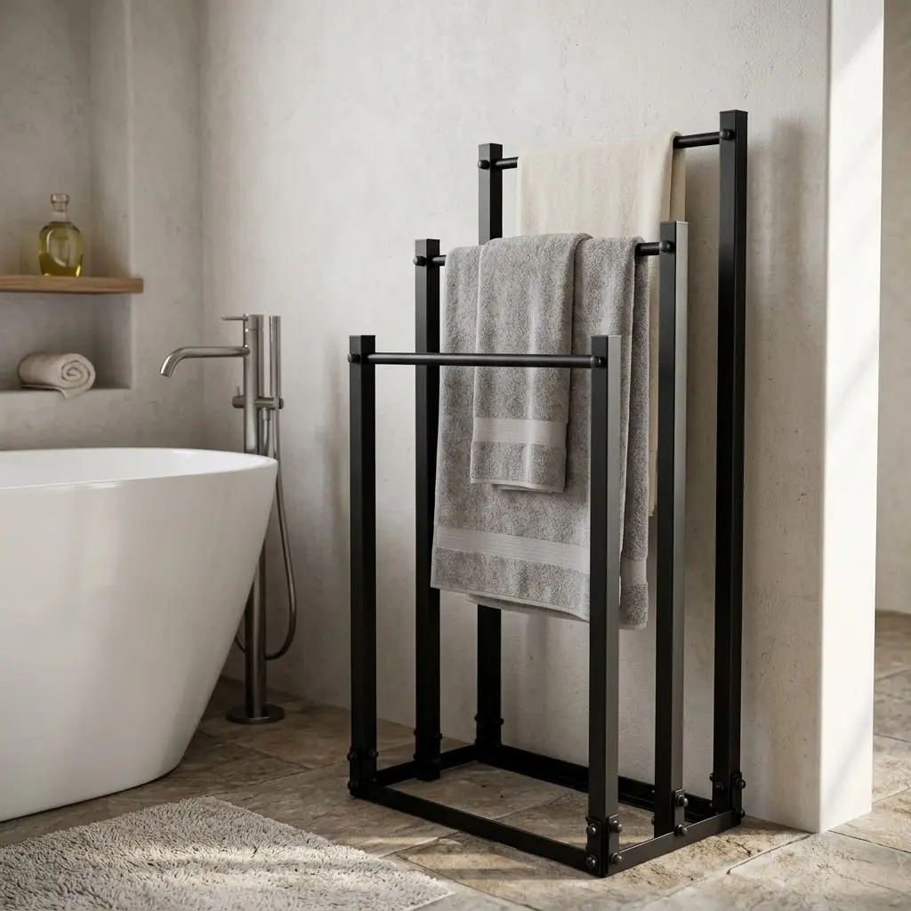 TIVOLI Freestanding 3-Tier Towel & Clothes Rack (45×25×89cm | Matte Black Textured Steel | Loft Bathroom Stand)
