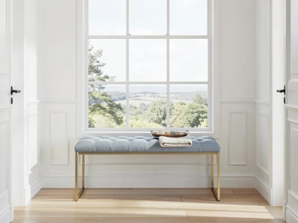 Finished wooden hallway bench styled at a welcoming Dublin home entrance