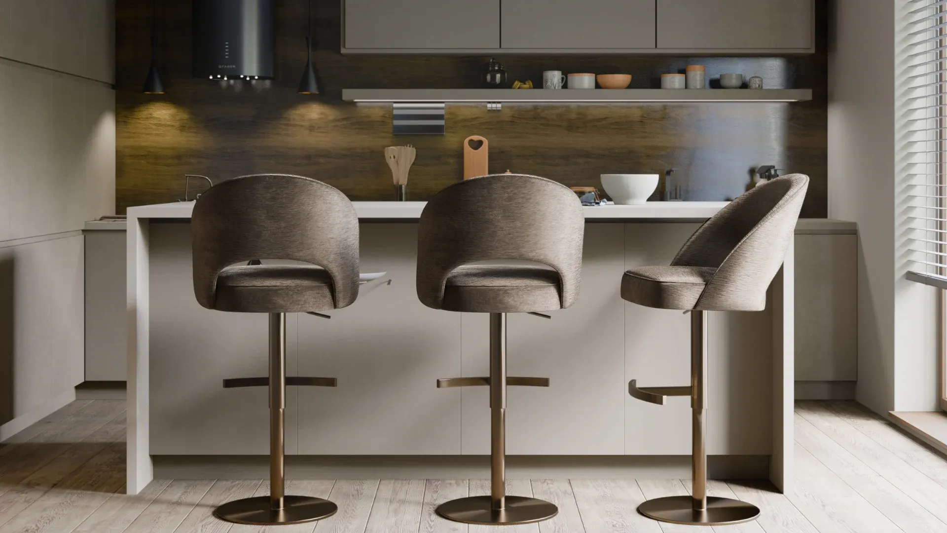 Black metal, gold brass, and chrome bar stool finish options
