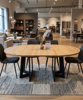 PALERMO Natural Oak Round Extending Dining Table with Geometric Matte Black Steel Base (100-150 × 100-150 × 75 cm)
