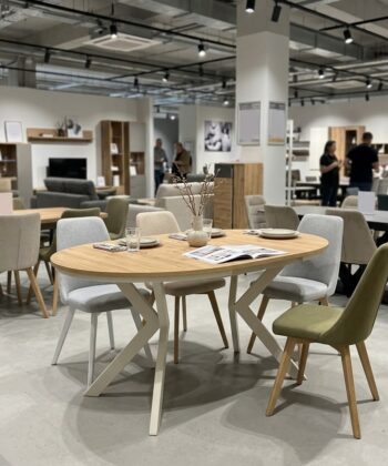 NOVARA Cashmere Round Extending Dining Table with Powder-Coated Steel Pedestal Base (90-128 × 90 × 76 cm)