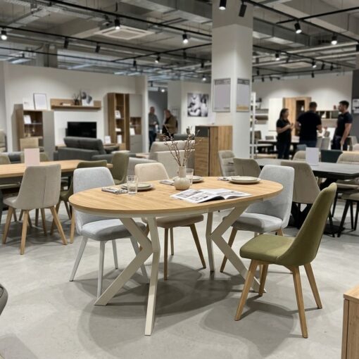 NOVARA Cashmere Round Extending Dining Table with Powder-Coated Steel Pedestal Base (90-128 × 90 × 76 cm)