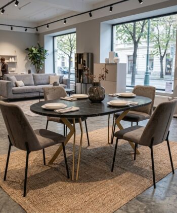 RANDI Black Pietra Grigia Laminate Gold Steel Extendable Dining Table (100-176 × 100 × 76 cm)