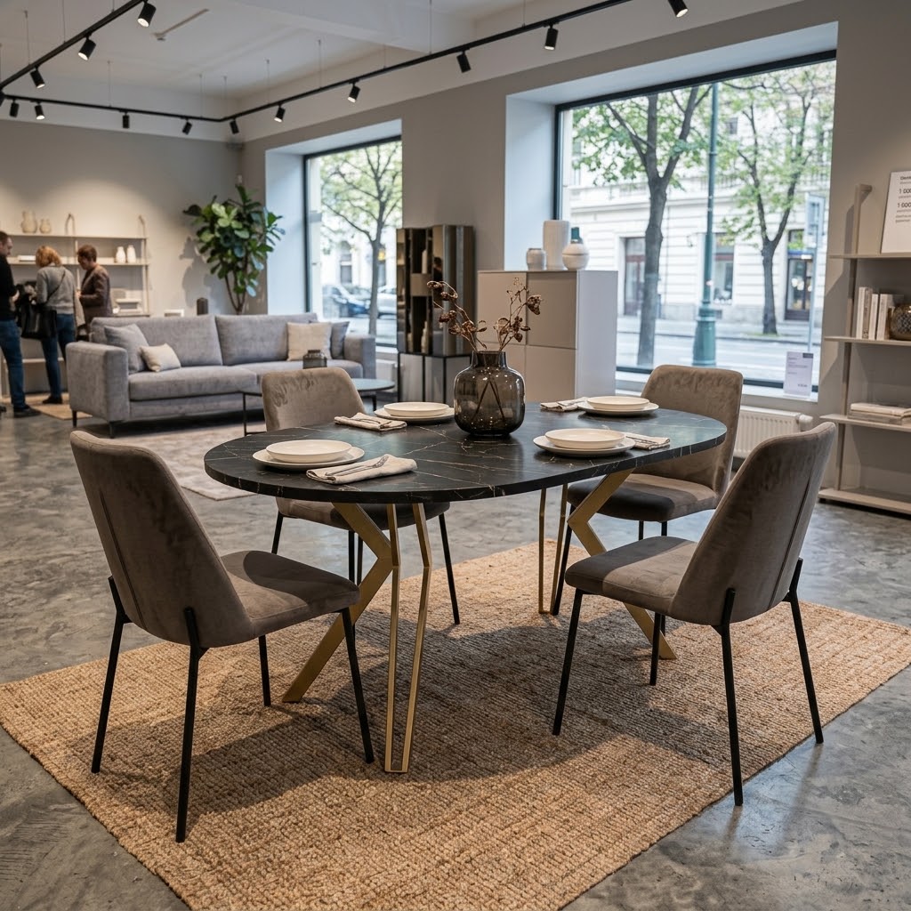 RANDI Black Pietra Grigia Laminate Gold Steel Extendable Dining Table (100-176 × 100 × 76 cm)
