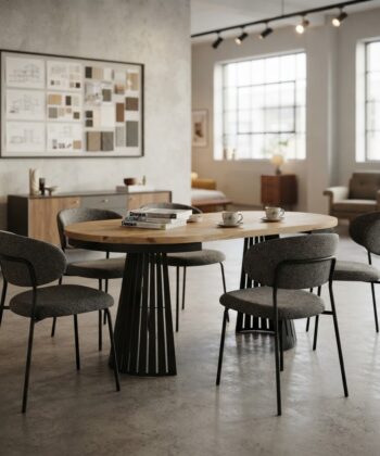ASTORIA Round Extendable Dining Table with Openwork Conical Steel Base in Gold Oak (100-176 × 100 × 76 cm)
