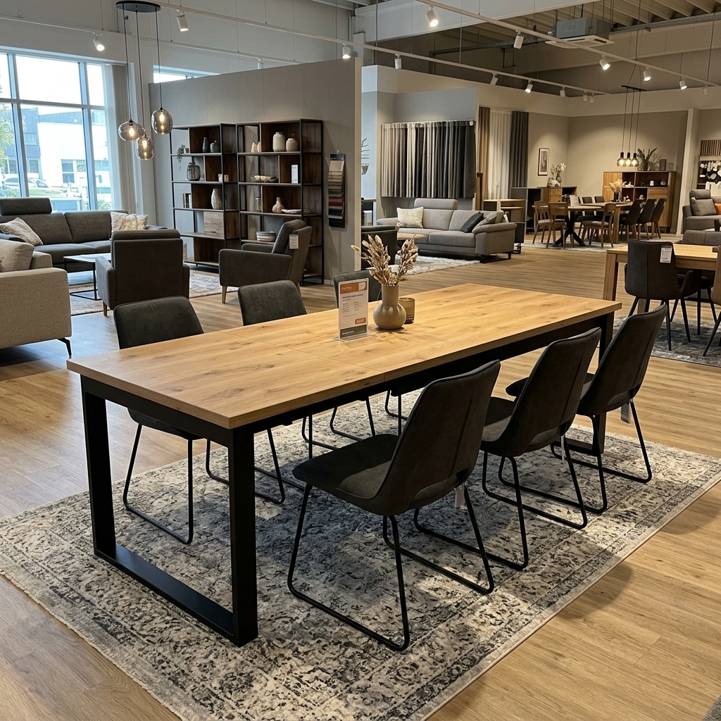 PALERMO Natural Oak Extending Dining Table with Matte Black Steel Geometric Frame (120-250 × 80-100 × 75 cm)