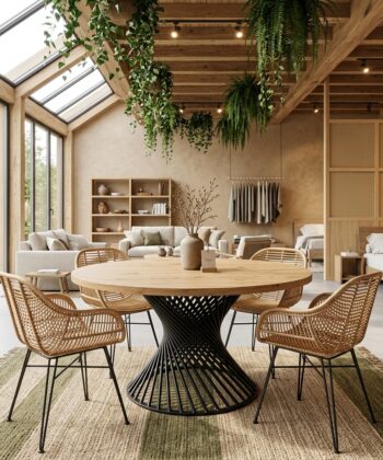PALERMO Natural Oak Round Dining Table with Sculptural Matte Black Steel Base (140 × 140 × 75 cm)