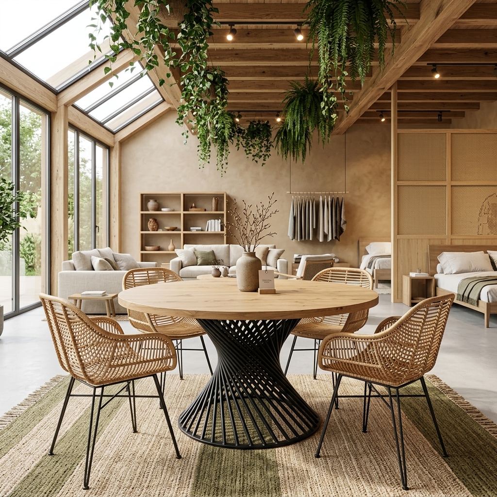 PALERMO Natural Oak Round Dining Table with Sculptural Matte Black Steel Base (140 × 140 × 75 cm)