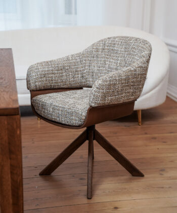 CORTONA Upholstered 360° Swivel Dining & Office Armchair in Walnut Wood Finish (65 × 66 × 84 cm)
