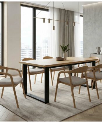 ASTORIA Natural Oak Laminate Extendable Dining Table with Matte Black Industrial Steel Frame (140-340 × 80-100 × 76 cm)