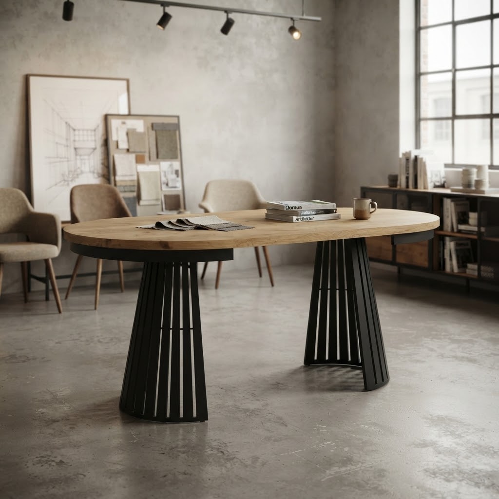 ASTORIA Round Extendable Dining Table with Openwork Conical Steel Base in Gold Oak (100-176 × 100 × 76 cm)