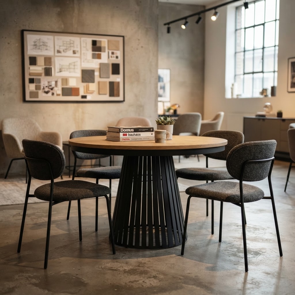 ASTORIA Round Extendable Dining Table with Openwork Conical Steel Base in Gold Oak (100-176 × 100 × 76 cm)