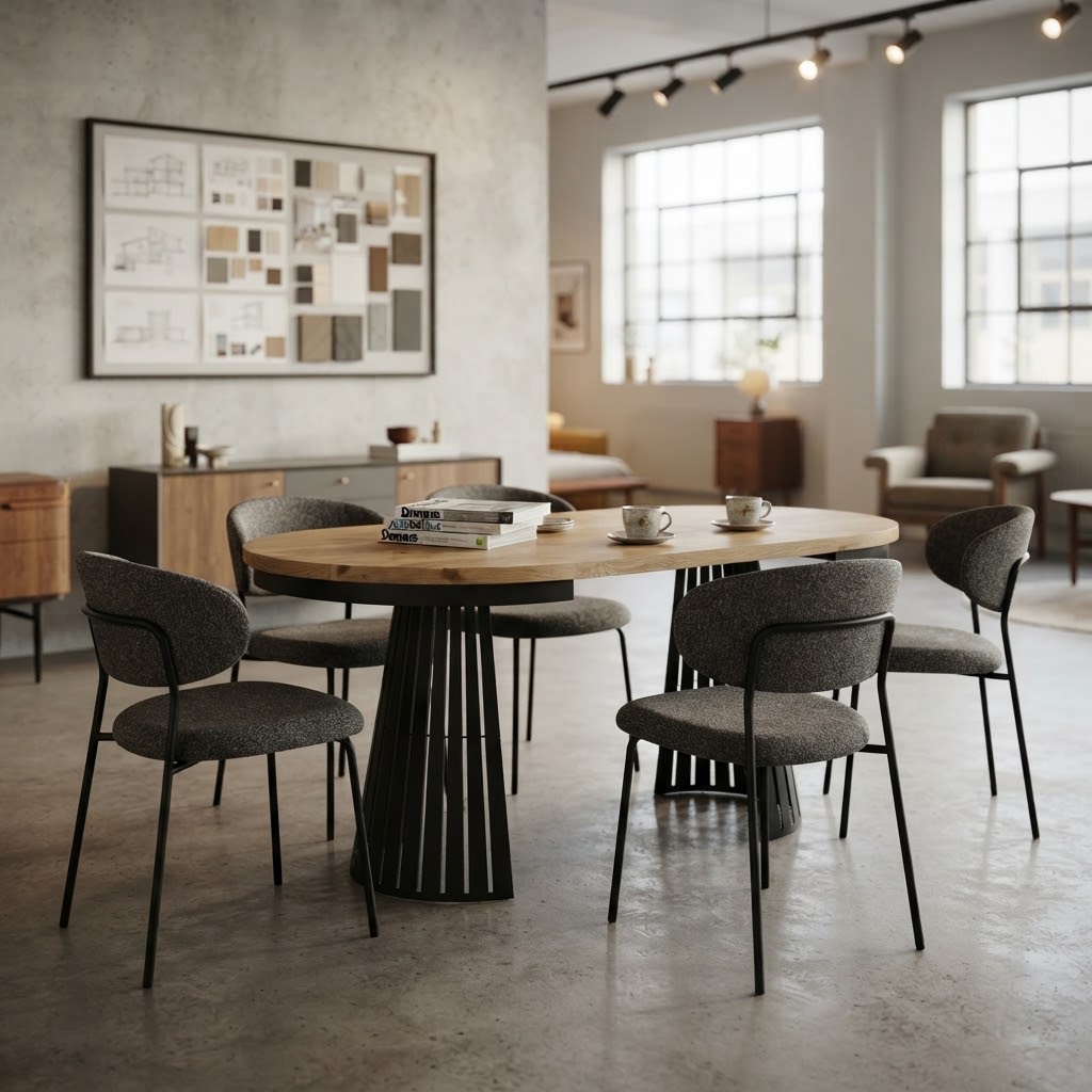 ASTORIA Round Extendable Dining Table with Openwork Conical Steel Base in Gold Oak (100-176 × 100 × 76 cm)
