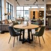 PALERMO Natural Oak Round Extending Dining Table with Geometric Matte Black Steel Base (100-150 × 100-150 × 75 cm)