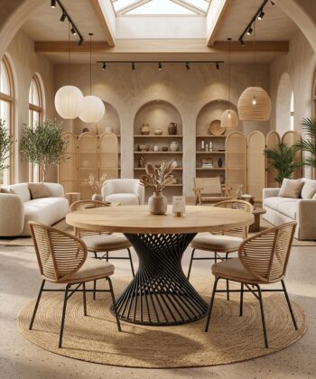 PALERMO Natural Oak Round Dining Table with Sculptural Matte Black Steel Base (140 × 140 × 75 cm)
