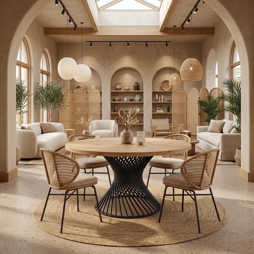 PALERMO Natural Oak Round Dining Table with Sculptural Matte Black Steel Base (140 × 140 × 75 cm)