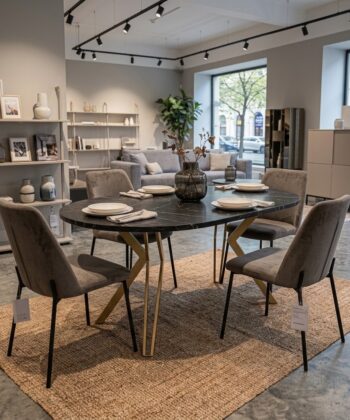 RANDI Black Pietra Grigia Laminate Gold Steel Extendable Dining Table (100-176 × 100 × 76 cm)