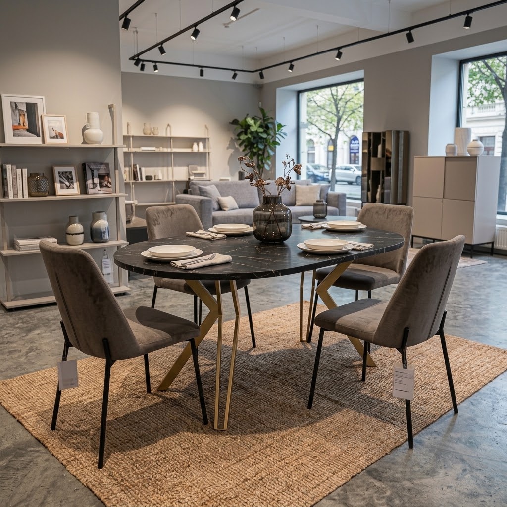 RANDI Black Pietra Grigia Laminate Gold Steel Extendable Dining Table (100-176 × 100 × 76 cm)
