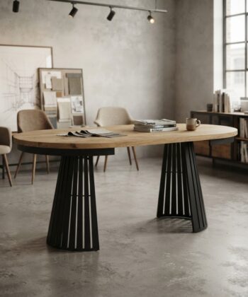 ASTORIA Round Extendable Dining Table with Openwork Conical Steel Base in Gold Oak (100-176 × 100 × 76 cm)