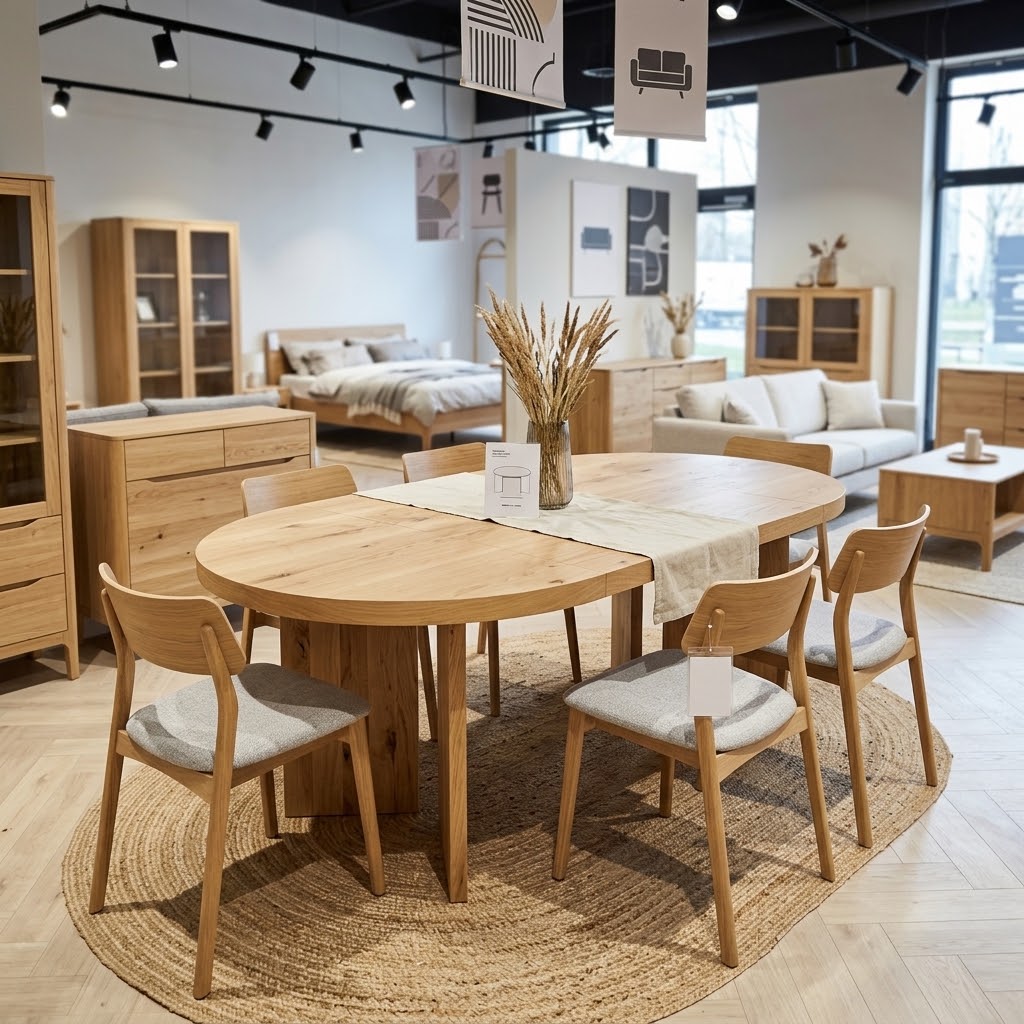 ASTORIA Extending Round Oak Dining Table with Sculptural Pedestal Base (120-220 × 120 × 76 cm)