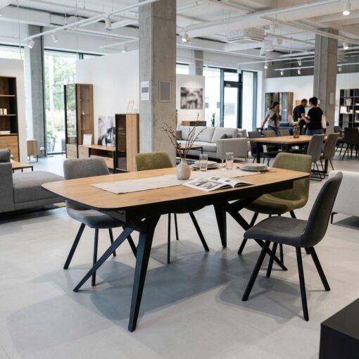 TRENTINO Industrial Oak Extending Dining Table with Matte Black Steel Base (180-480 × 100 × 76 cm)