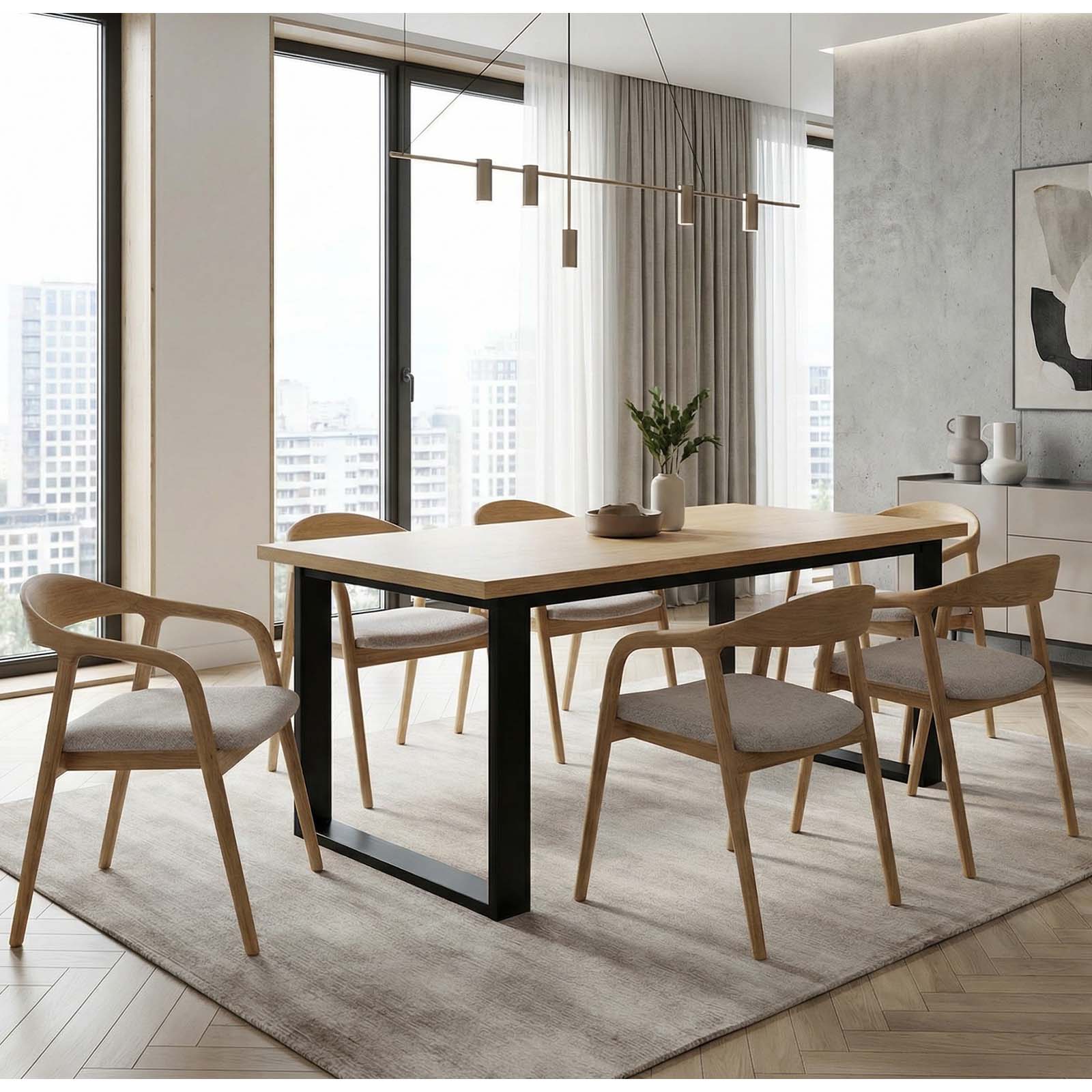 ASTORIA Oak Laminate Extendable Dining Table with Matte Black Industrial Steel Frame (140-340 × 80-100 × 76 cm)