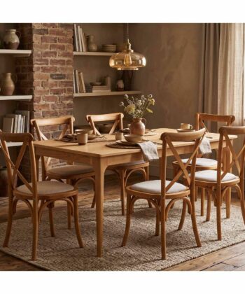 VERONA Natural Beech Wood Cross Back Dining Chair with Grey Chenille Upholstered Seat (44 × 47 × 90 cm)