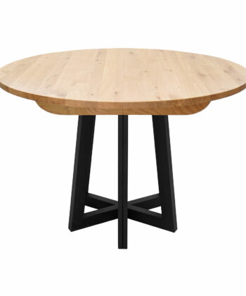 PALERMO Natural Oak Round Extending Dining Table with Geometric Matte Black Steel Base (100-150 × 100-150 × 75 cm)