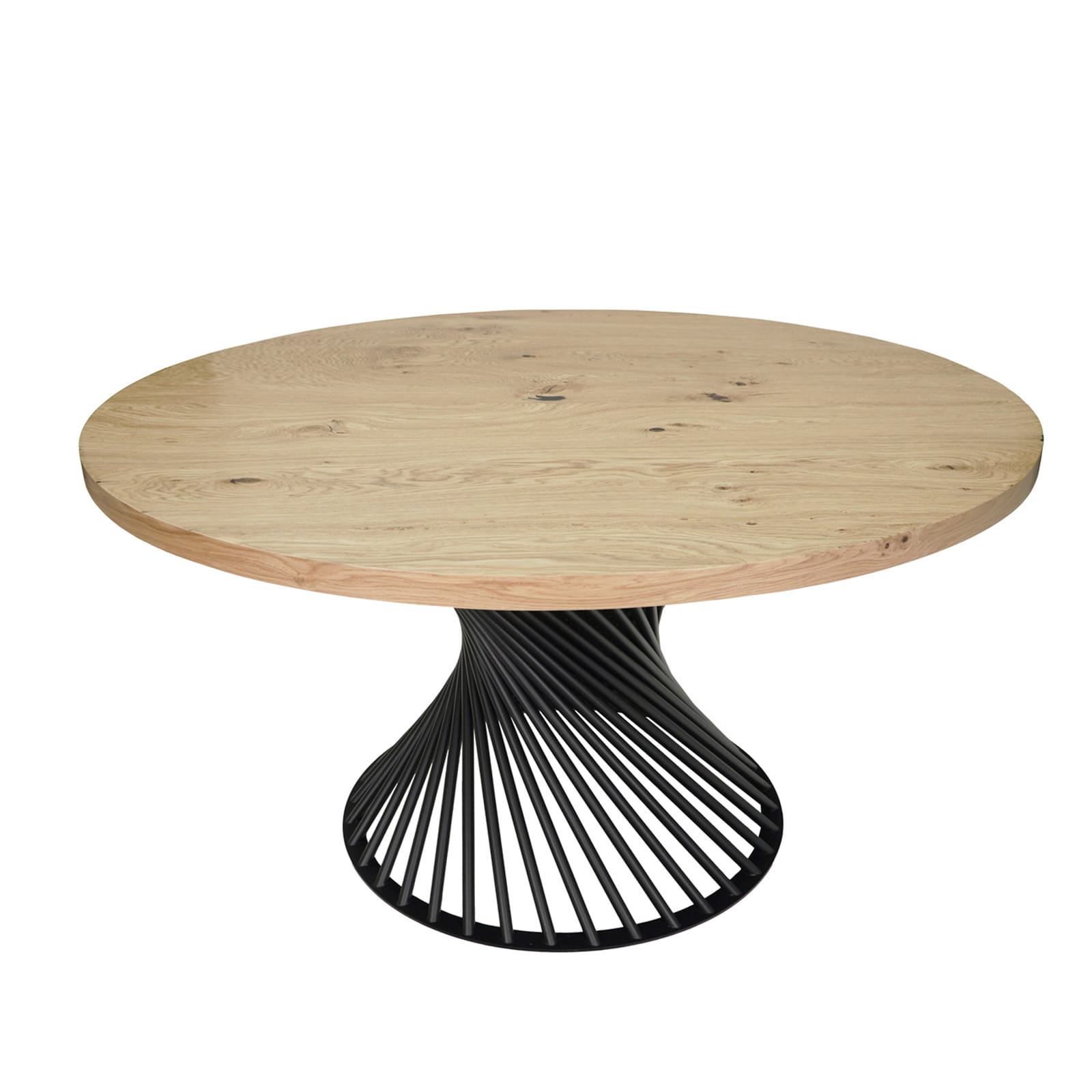 PALERMO Natural Oak Round Dining Table with Sculptural Matte Black Steel Base (140 × 140 × 75 cm)