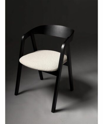 Noir Oak Upholstered Dining Chair – Beige Chenille Seat with Armrests (56 × 58 × 81 cm)
