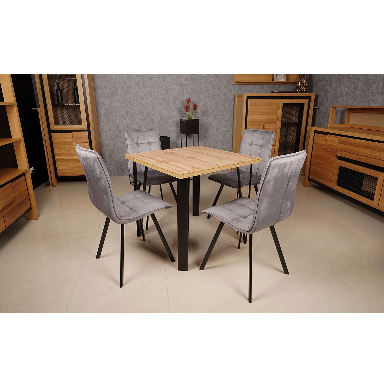 ASTORIA Square Industrial Dining Table in Wotan Oak Laminate with Matte Black Steel Legs (90 × 90 × 76 cm)