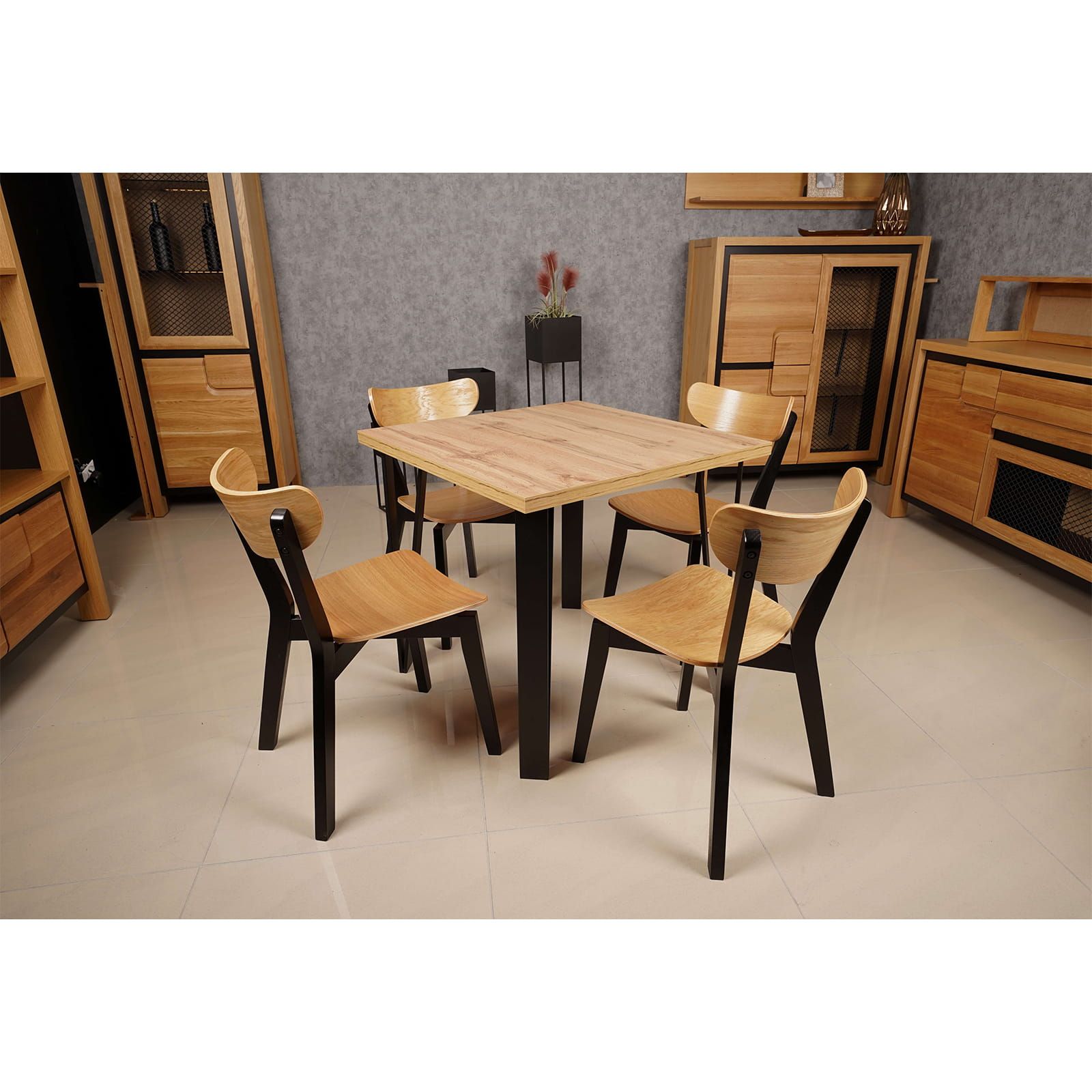 ASTORIA Square Industrial Dining Table in Wotan Oak Laminate with Matte Black Steel Legs (90 × 90 × 76 cm)