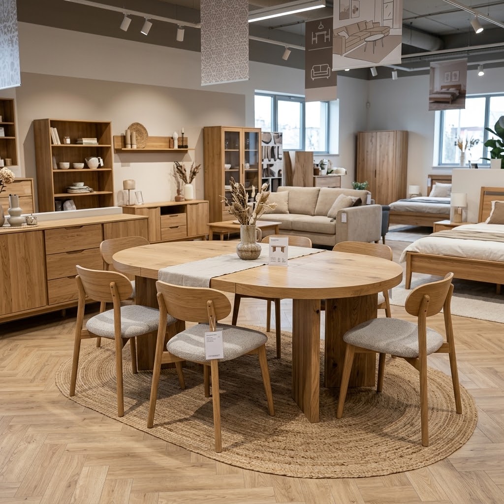 ASTORIA Extending Round Oak Dining Table with Sculptural Pedestal Base (120-220 × 120 × 76 cm)