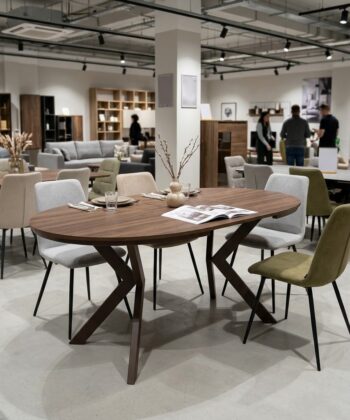 NOVARA Cashmere Round Extending Dining Table with Powder-Coated Steel Pedestal Base (90-128 × 90 × 76 cm)