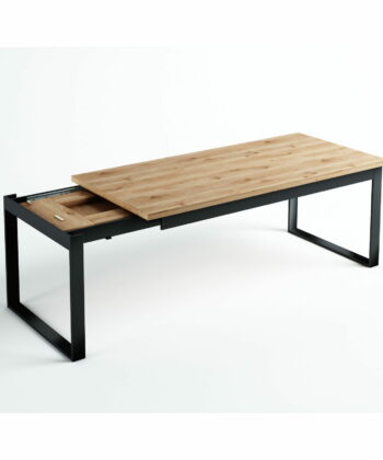 PALERMO Natural Oak Extending Dining Table with Matte Black Steel Geometric Frame (120-250 × 80-100 × 75 cm)