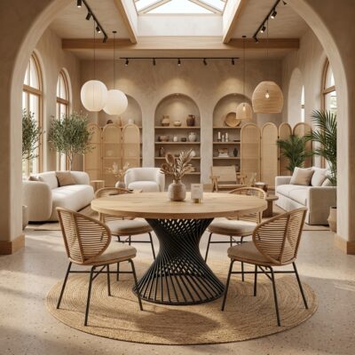 PALERMO Natural Oak Round Dining Table with Sculptural Matte Black Steel Base (140 × 140 × 75 cm)