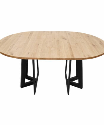 PALERMO Natural Oak Round Extending Dining Table with Geometric Matte Black Steel Base (100-150 × 100-150 × 75 cm)